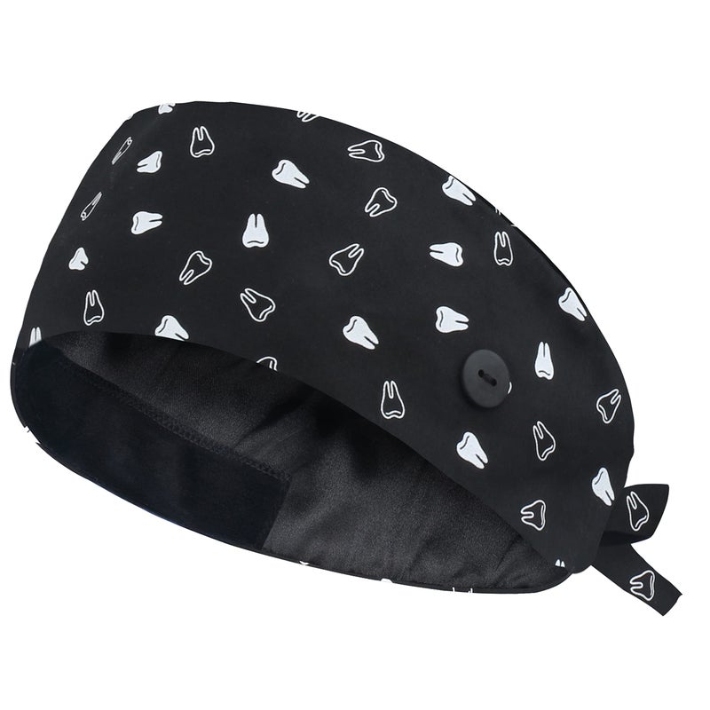 QBA Adjustable Working Cap with Button  Satin Lined Scrub Hat  Cotton Working Hat Sweatband  Elastic Bandage Tie Back Hats for Women & Men  One Size  #Satin-Lined Tooth BLK - Image 1